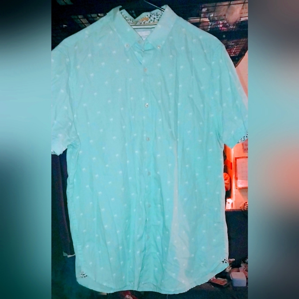 Denim & Flower Men's Light Blue Palm Tree Print S/S Button Down Shirt